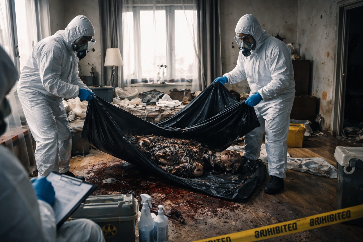 Professionnels en combinaison de protection intervenant dans un logement après un décès prolongé, illustrant les enjeux sanitaires liés à la décomposition