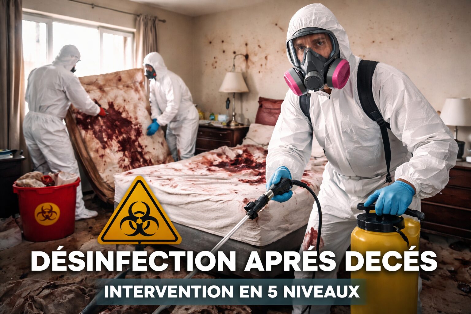 Équipe spécialisée en désinfection après décès intervenant dans une chambre avec équipement de protection et protocole de décontamination
