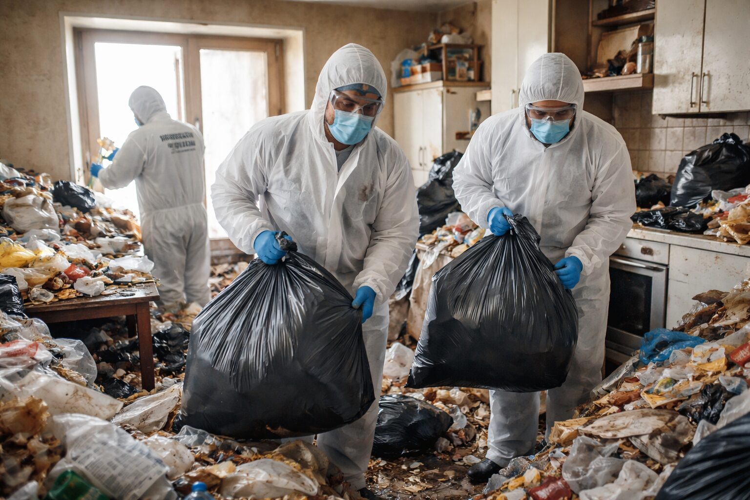 Équipe de nettoyage en tenue de protection évacuant des sacs de déchets dans une cuisine très encombrée lors d’une intervention Diogène avancée