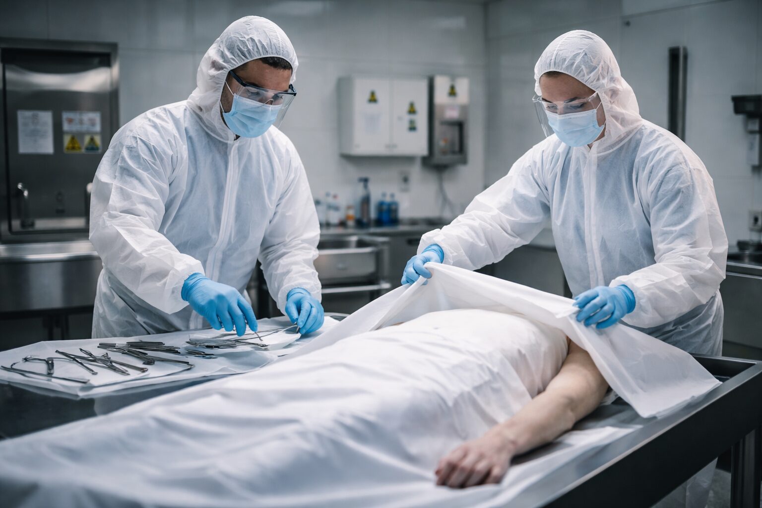 Deux professionnels en tenue de protection réalisent une intervention post mortem en environnement stérile, avec matériel médical préparé sur une table