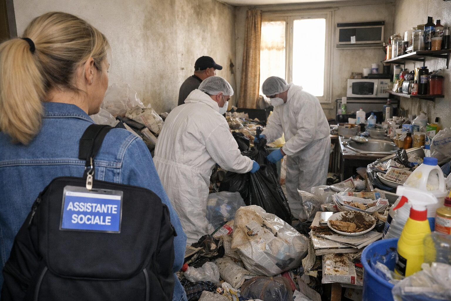 Assistante sociale sur le seuil d’un logement très encombré, tandis qu’une équipe en tenue de protection trie et évacue des déchets pour sécuriser l’habitat.