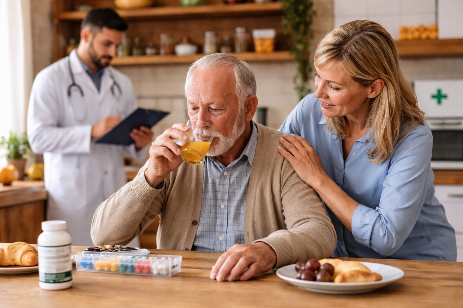 Homme âgé prenant un complément nutritionnel à table, accompagné par une proche et suivi par un professionnel de santé dans un cadre domestique