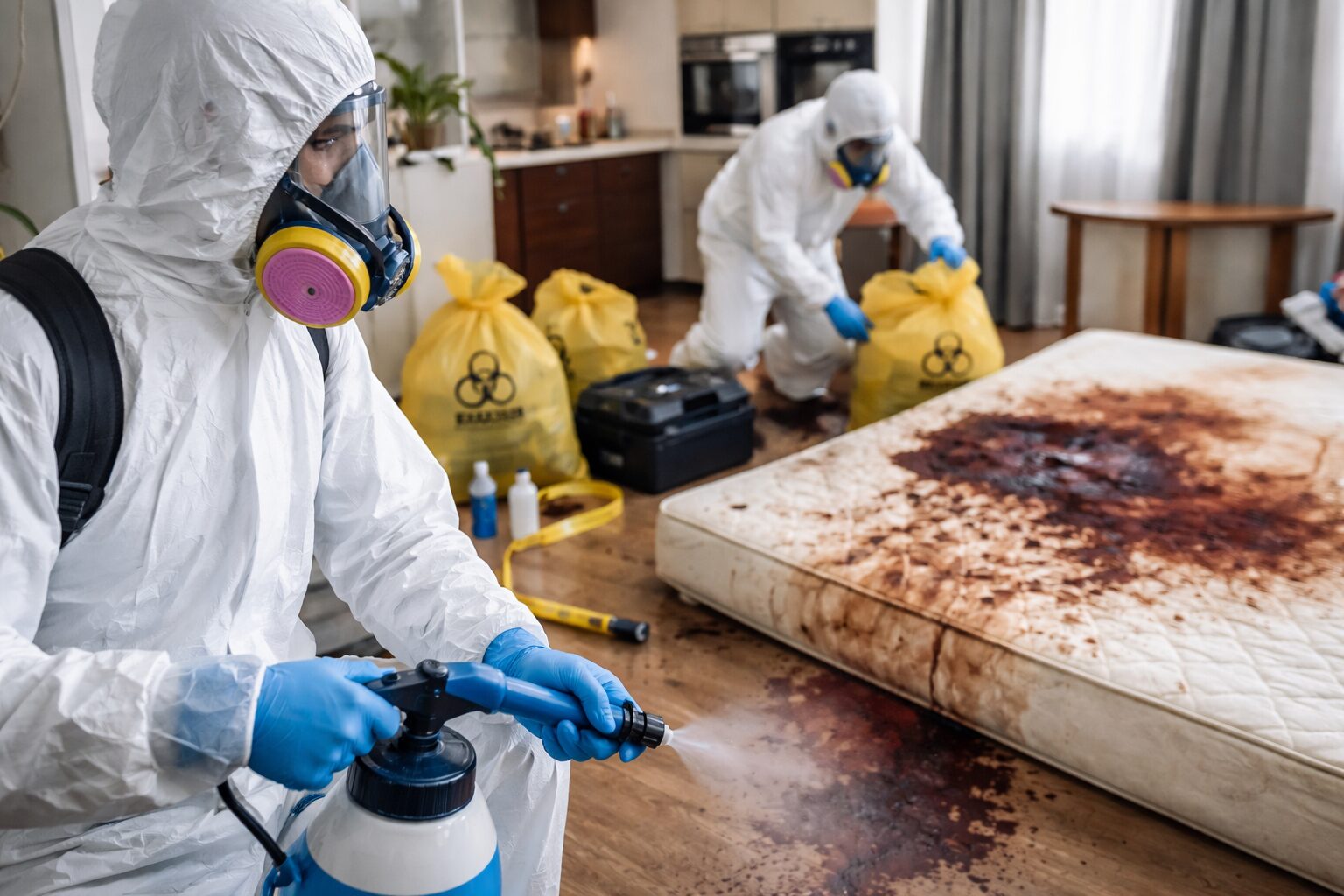 Techniciens en combinaison de protection réalisant une décontamination et une désinfection après décès prolongé, avec conditionnement des déchets biologiques