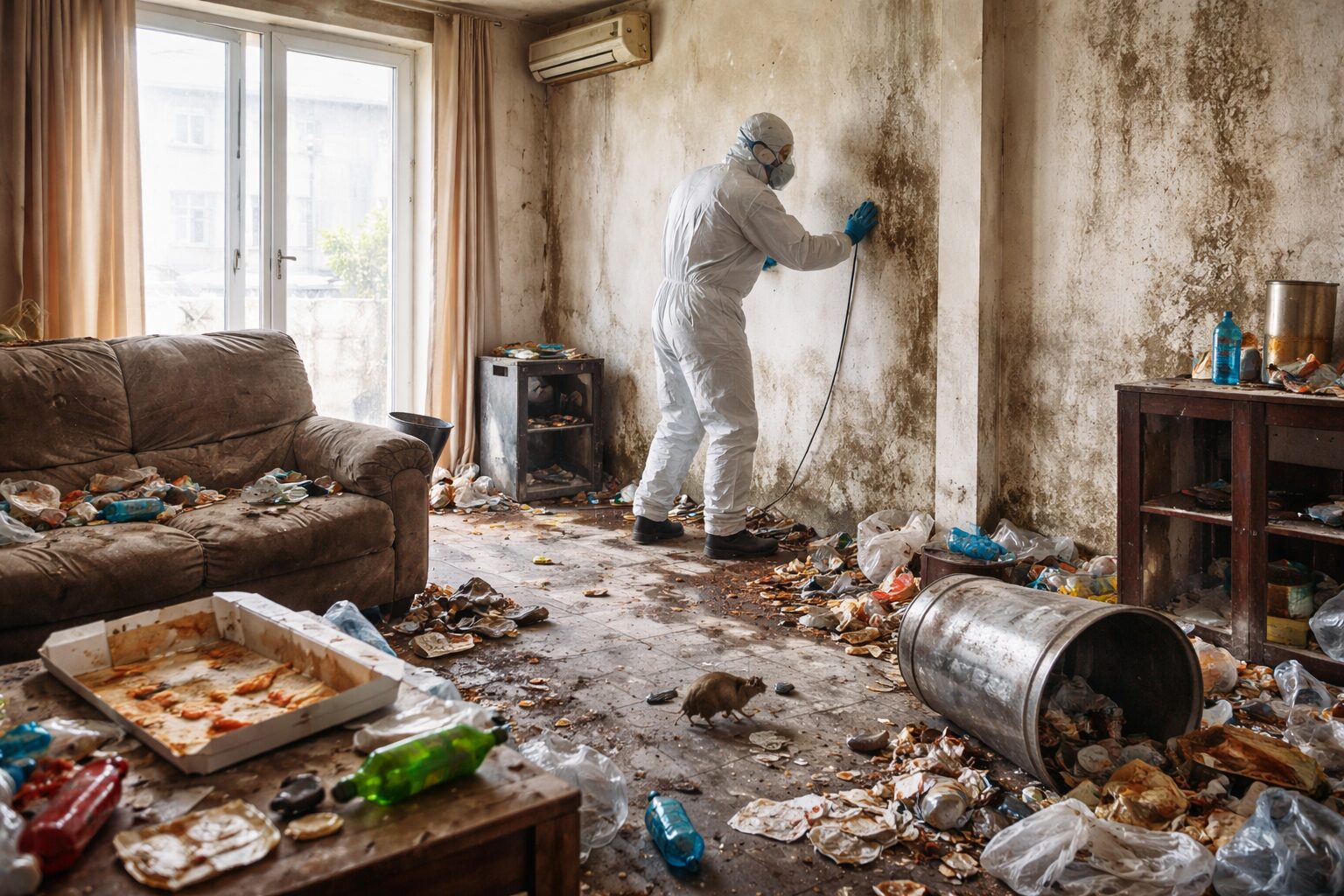 Intervention de nettoyage dans un appartement abandonné avec murs moisis, déchets au sol et présence de rongeurs, un professionnel équipé d’une combinaison de protection désinfecte les surfaces.