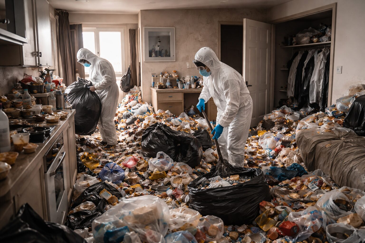 Deux agents en combinaison de protection nettoient un studio extrêmement encombré, avec sacs-poubelle, déchets au sol et kitchenette saturée.