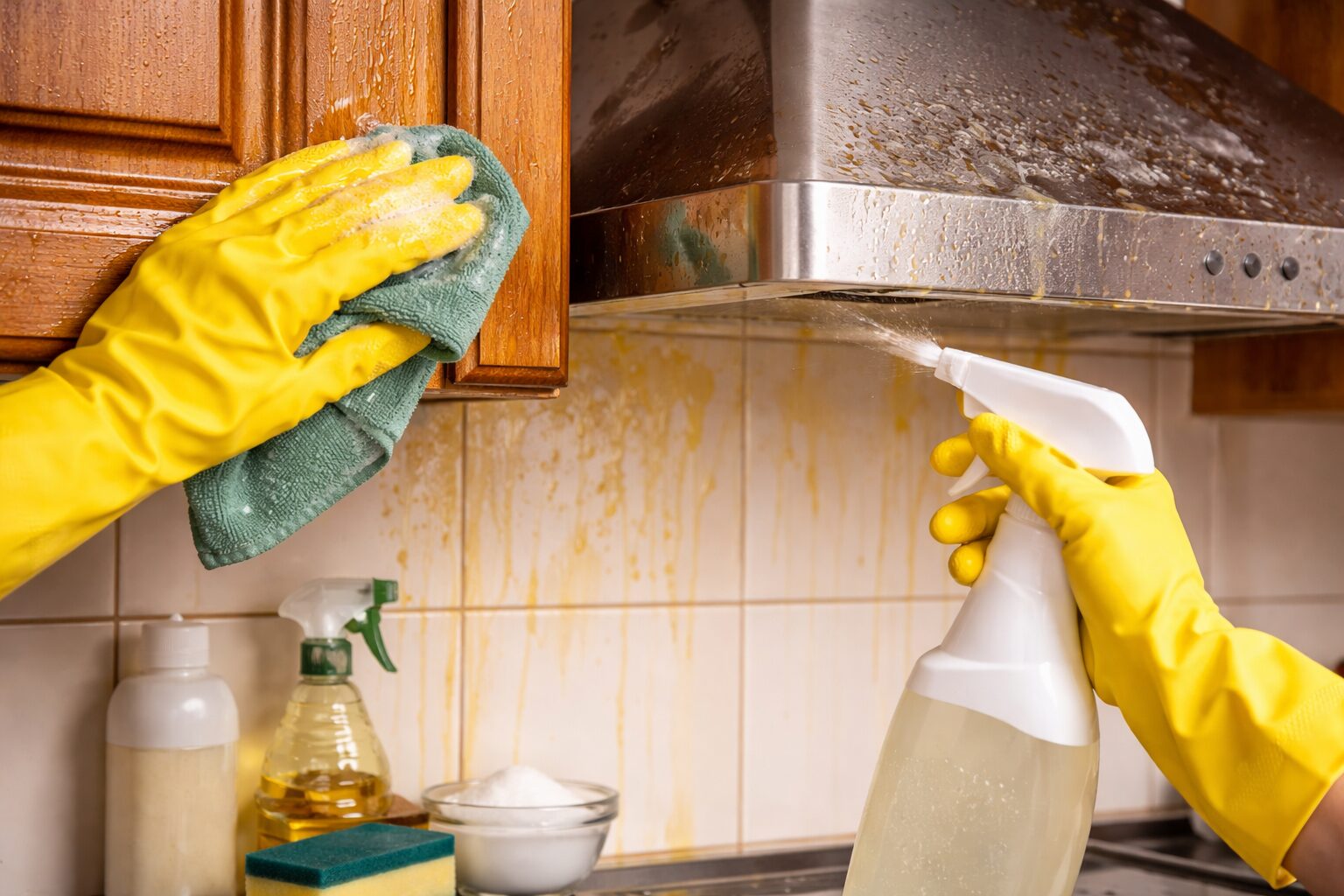 Mains avec gants jaunes nettoyant un meuble de cuisine en bois et une hotte en inox avec un chiffon microfibre et un spray dégraissant