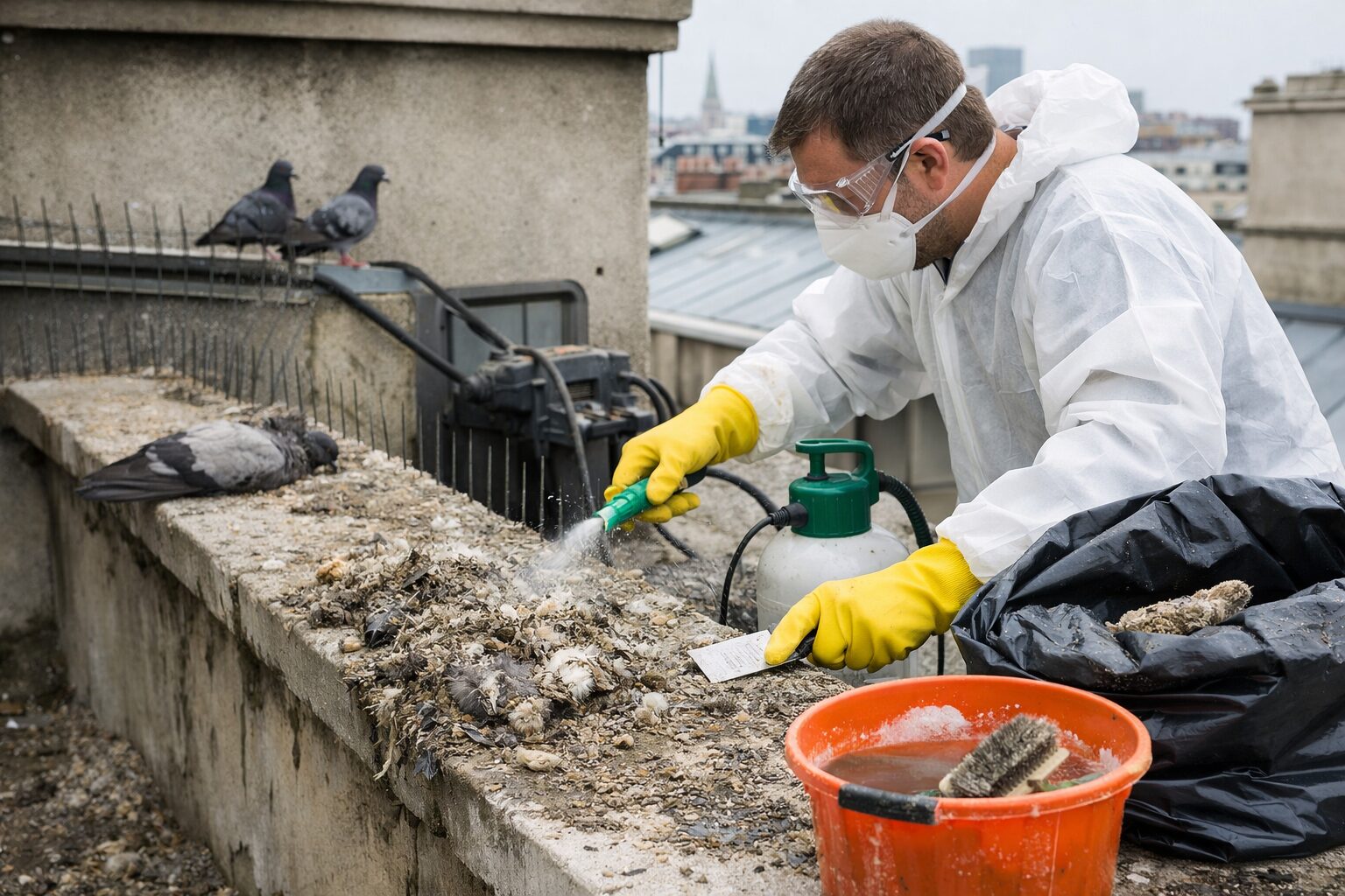 Agent en combinaison, gants et masque nettoyant des fientes de pigeon sur une corniche, avec pulvérisateur et seau, en milieu urbain