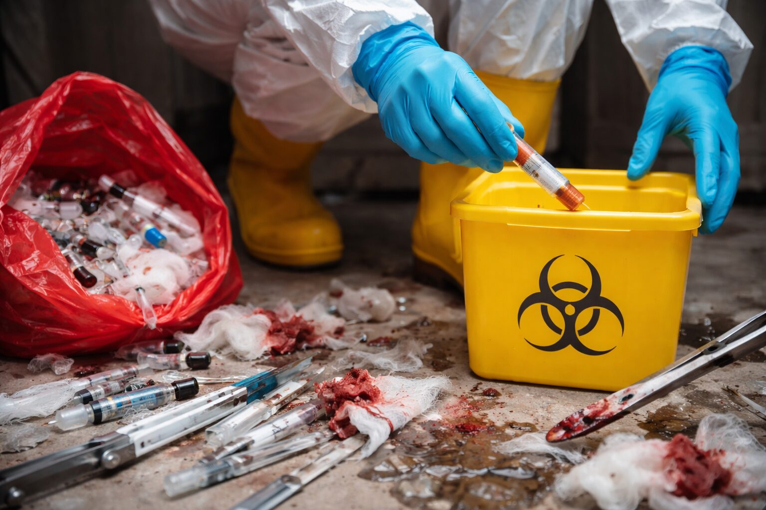 Technicien en équipement de protection jetant une seringue usagée dans un collecteur DASRI, avec déchets médicaux et objets tranchants au sol.