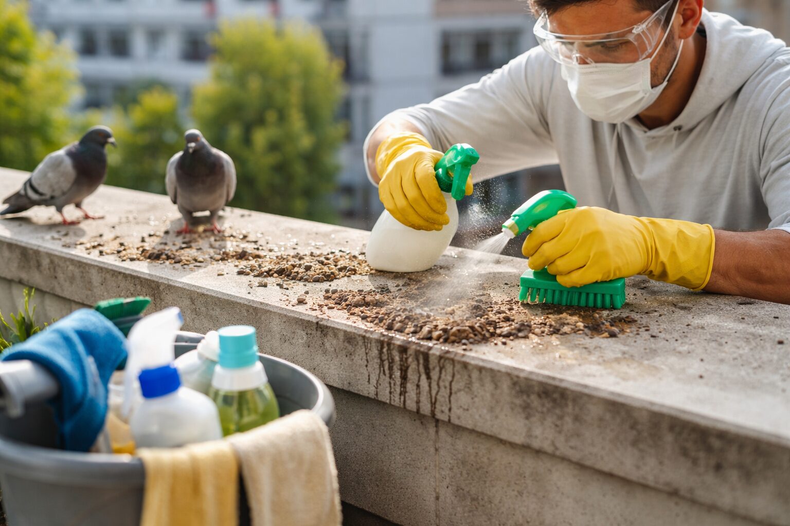Personne équipée de gants, masque et lunettes nettoyant des fientes de pigeon sur un rebord de balcon en béton avec pulvérisateur et brosse