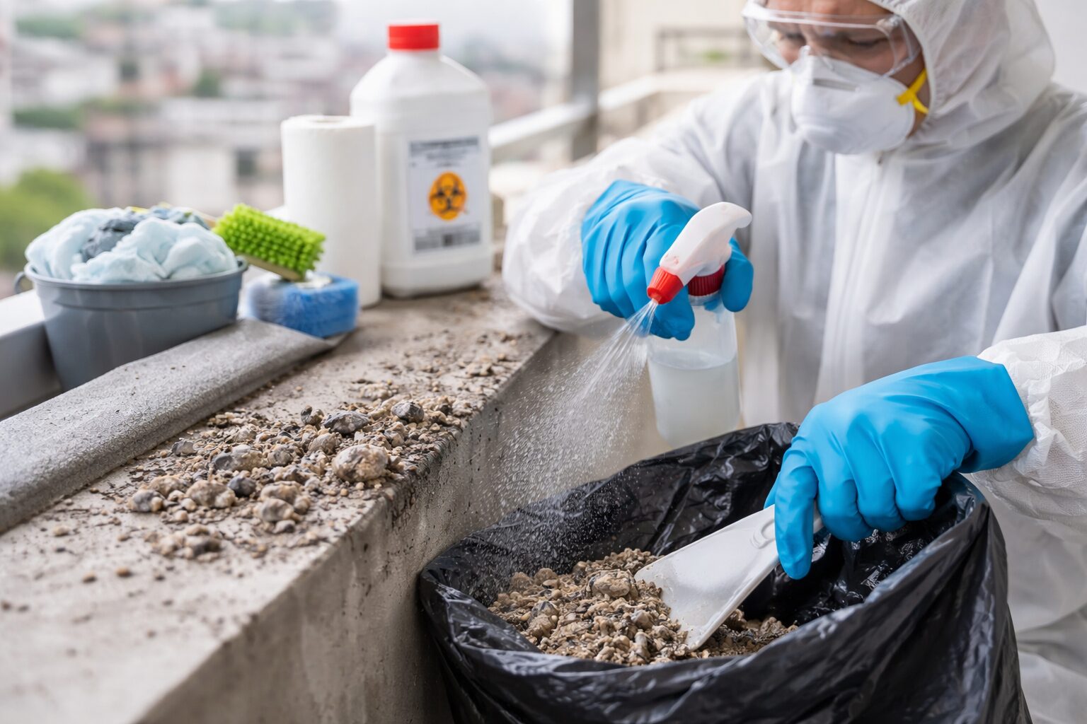 Technicien équipé de protections nettoyant des fientes de pigeon sur un rebord de balcon avec un produit désinfectant