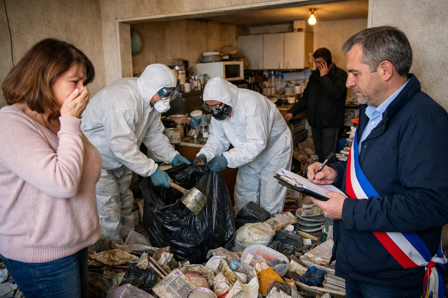 Équipe de nettoyage en combinaison, proche inquiet et représentant de la mairie lors d’une intervention dans un appartement très encombré lié au syndrome de Diogène