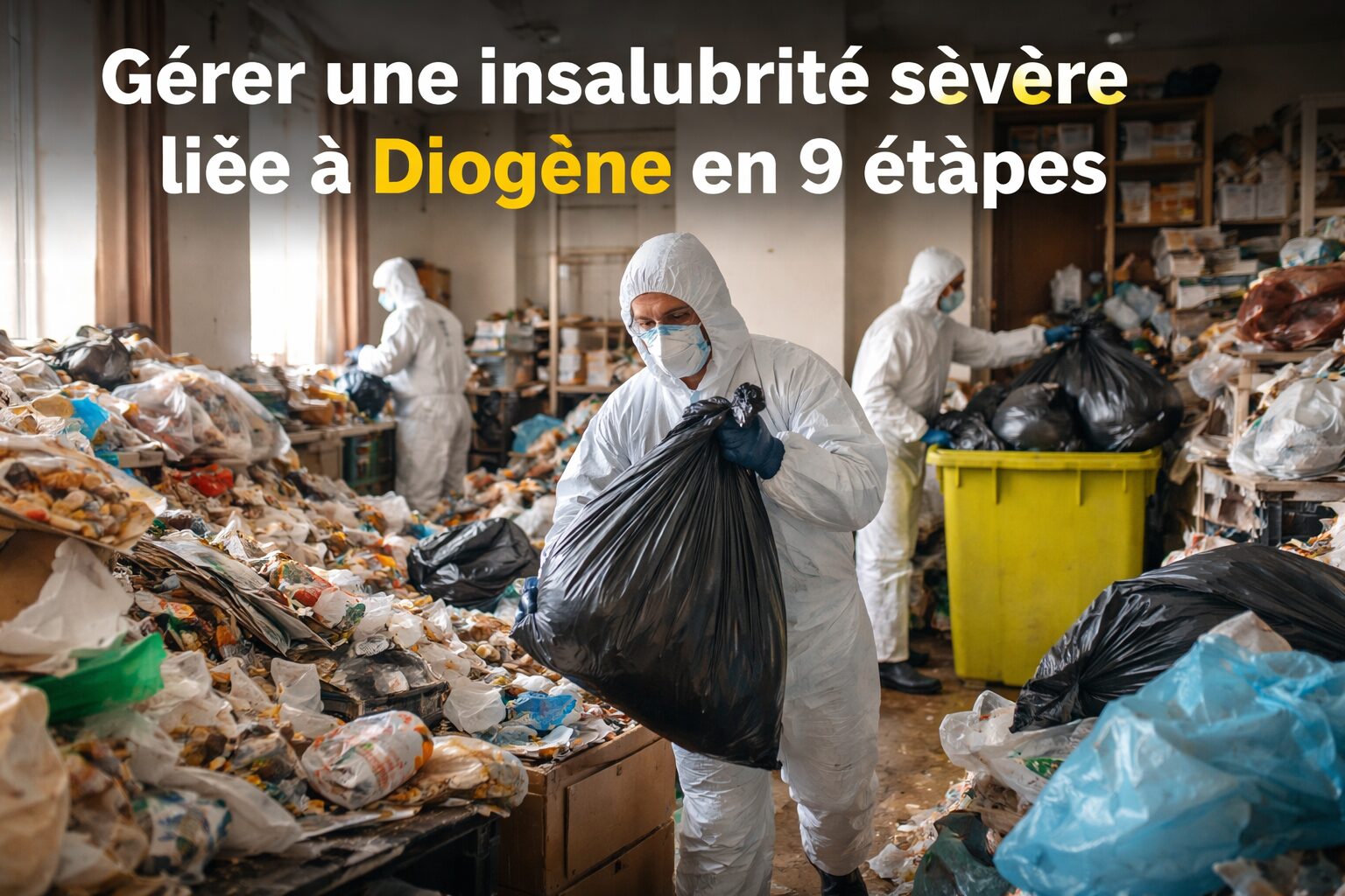Équipe de nettoyage spécialisée intervenant dans un logement en insalubrité sévère liée au syndrome de Diogène, avec équipements de protection et évacuation de déchets