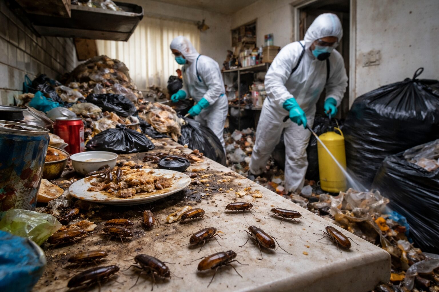 Cuisine insalubre en situation de logement Diogène, avec accumulation de déchets, présence de cafards et intervenants en combinaison effectuant le nettoyage et la désinsectisation.