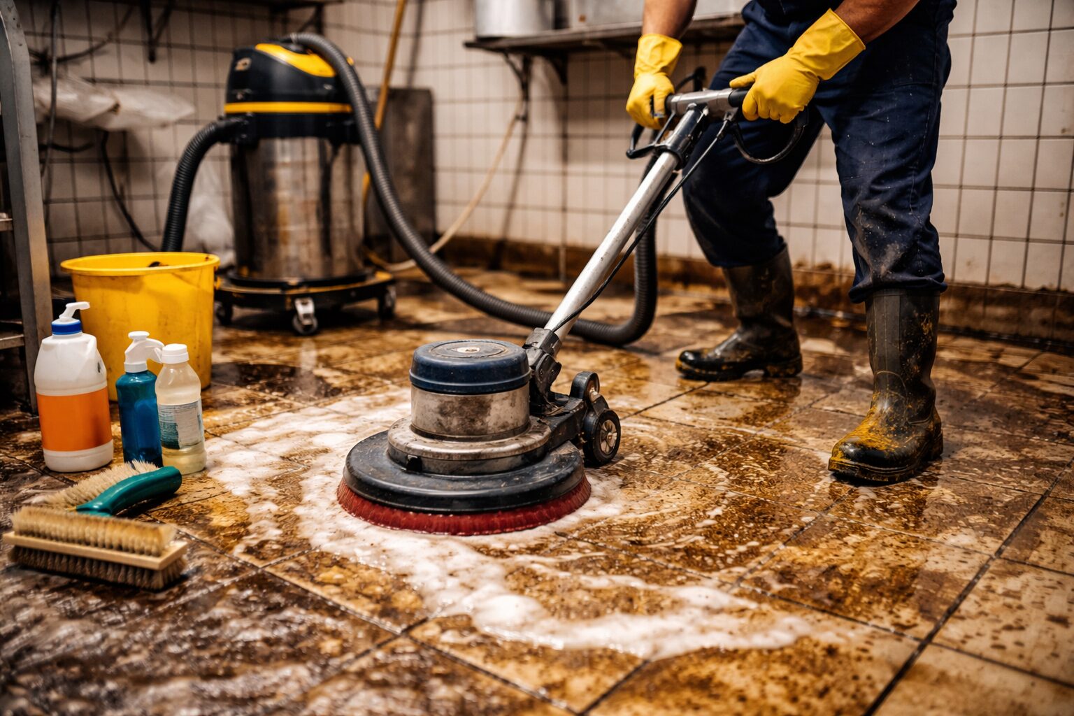 Agent d’entretien utilisant une monobrosse pour décaper un sol de carrelage très gras dans une cuisine professionnelle, avec aspirateur eau et produits dégraissants à proximité.