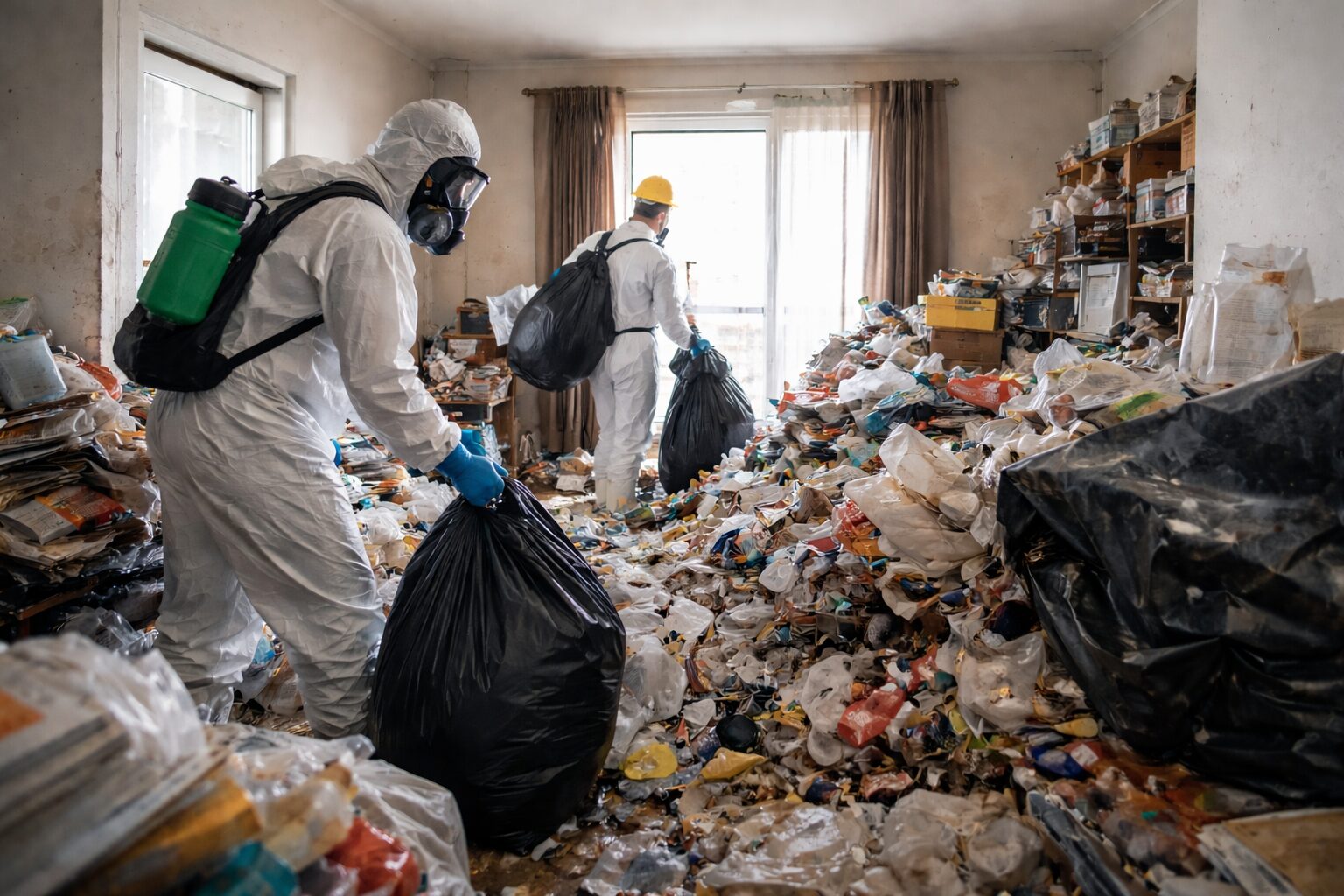 Équipe de nettoyage en combinaison de protection réalisant un débarras extrême et une désinfection dans un appartement très encombré, avec sacs de déchets et pulvérisation de produit.