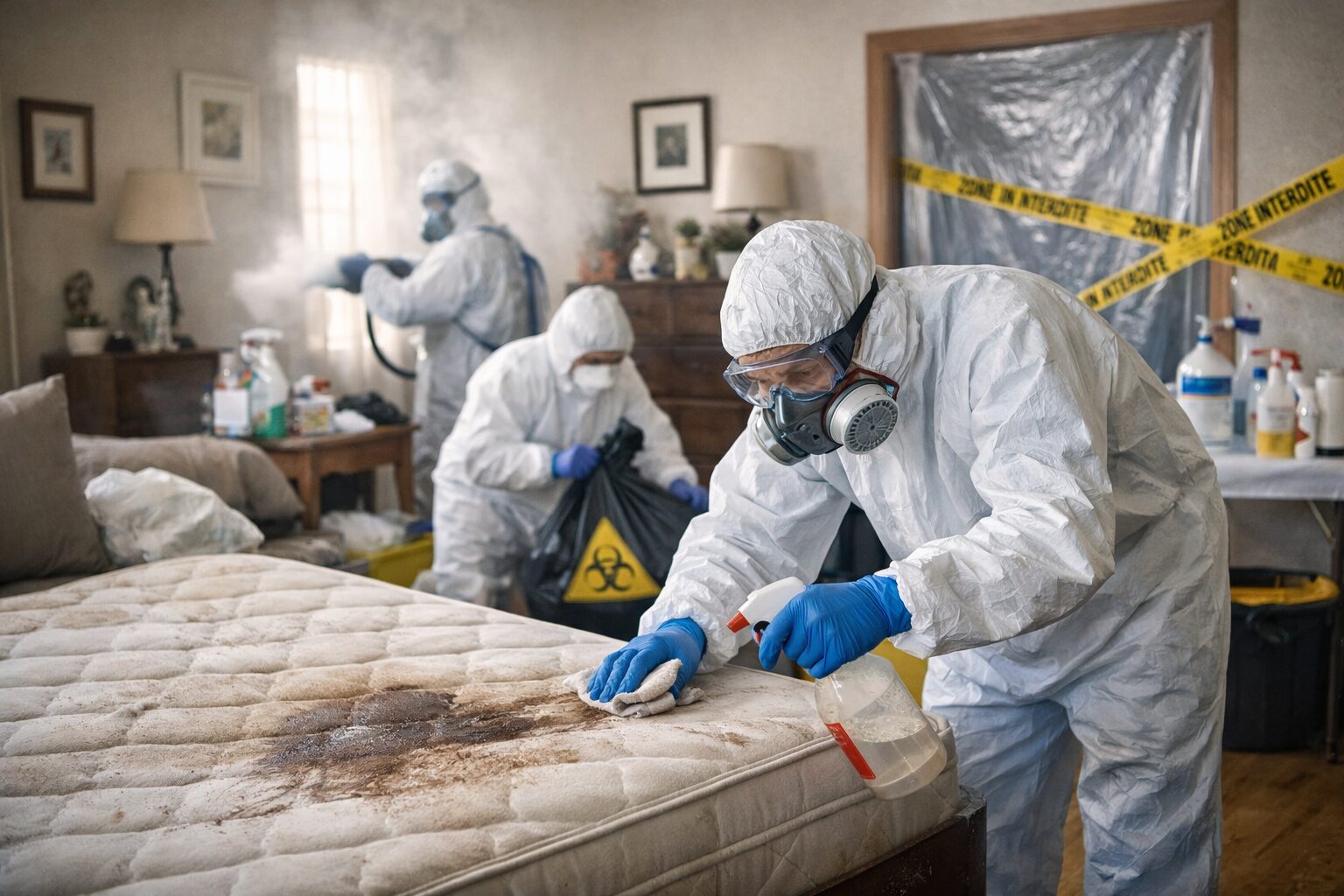 Trois travailleurs en combinaison de protection désinfectent un appartement après un décès naturel, nettoyant un matelas taché et utilisant un appareil de brumisation.