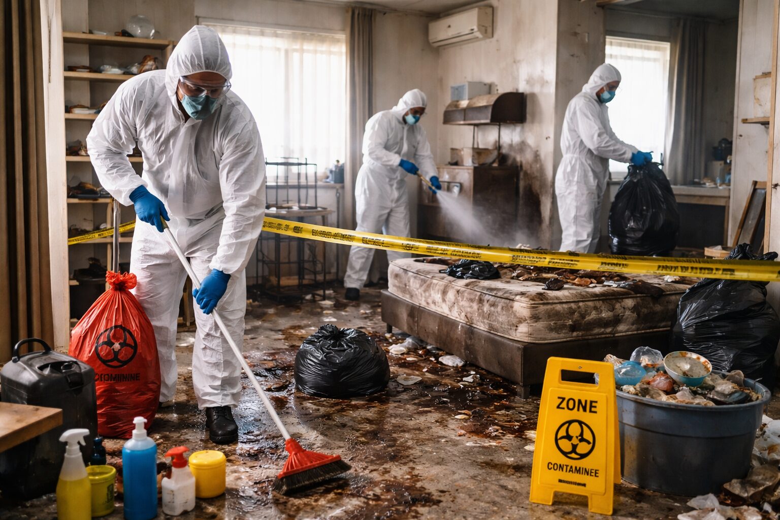 Équipe de professionnels en combinaison de protection réalisant la désinfection et le débarras sanitaire d’un appartement insalubre après un décès