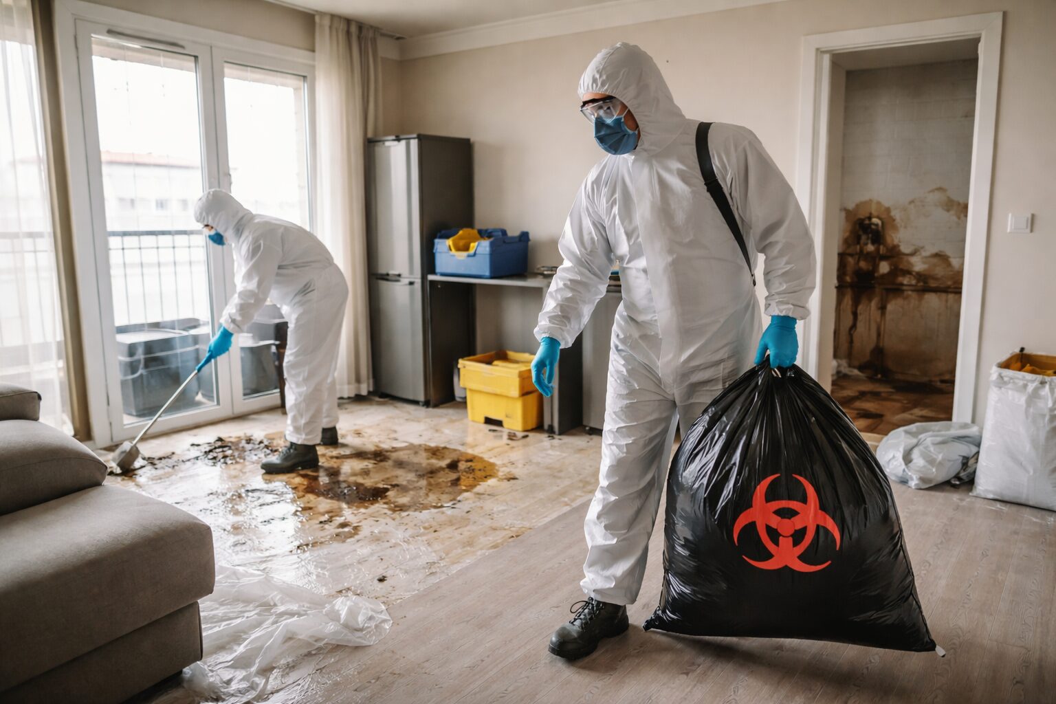 Techniciens en combinaison de protection réalisant une remise en état après décès isolé dans un appartement, avec retrait de déchets contaminés et nettoyage approfondi des sols.