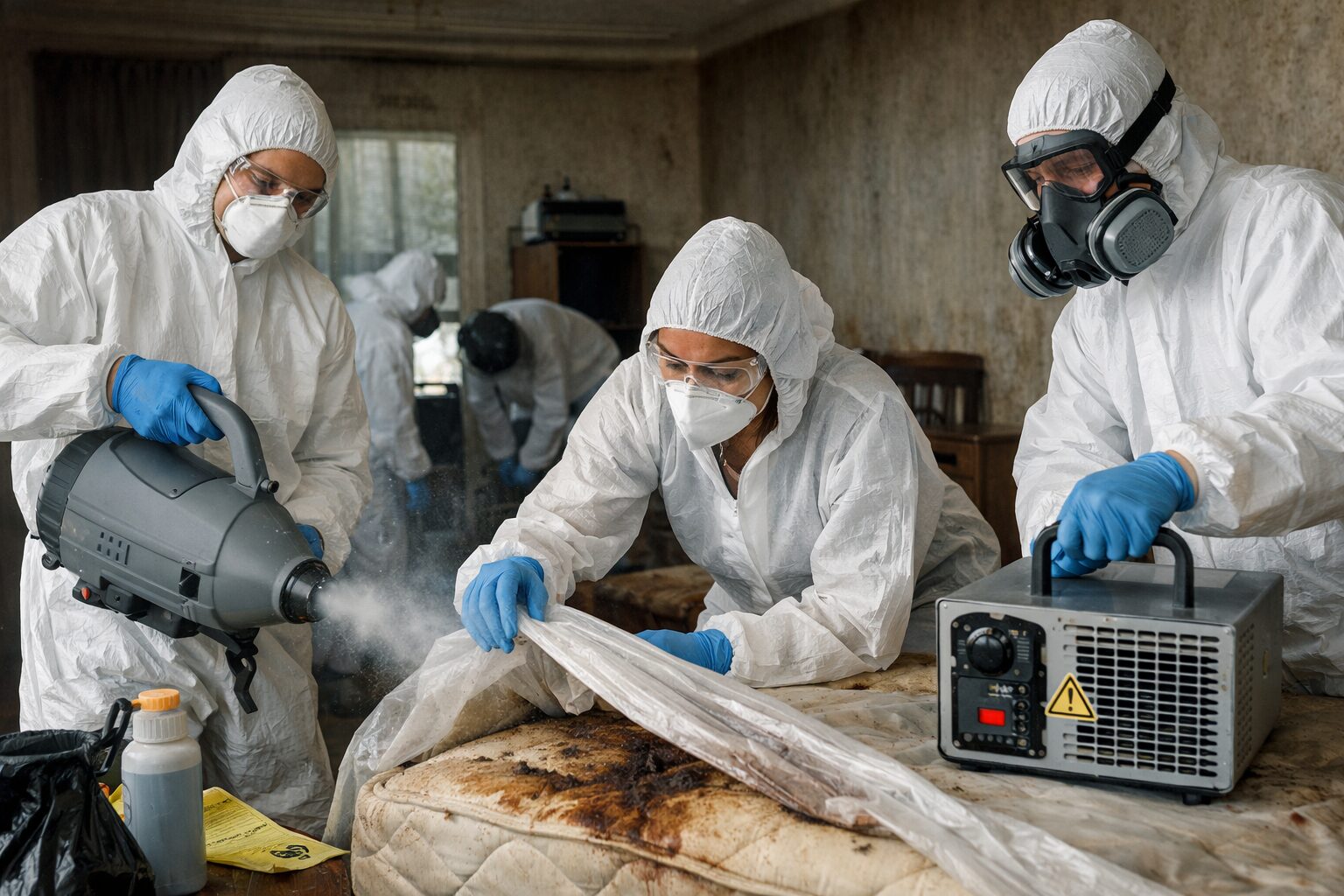 Techniciens en combinaison de protection réalisant une neutralisation des odeurs post mortem avec nébulisation et générateur d’ozone dans une chambre