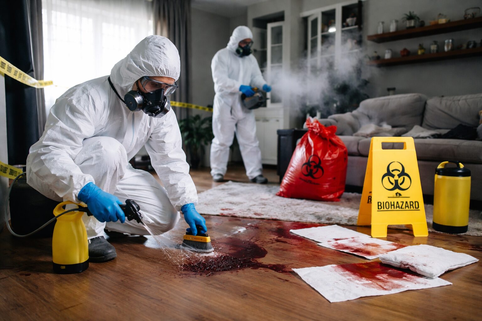 Équipe de nettoyage extrême après décès en combinaison de protection, désinfectant un sol contaminé dans un salon avec signalisation biohazard.
