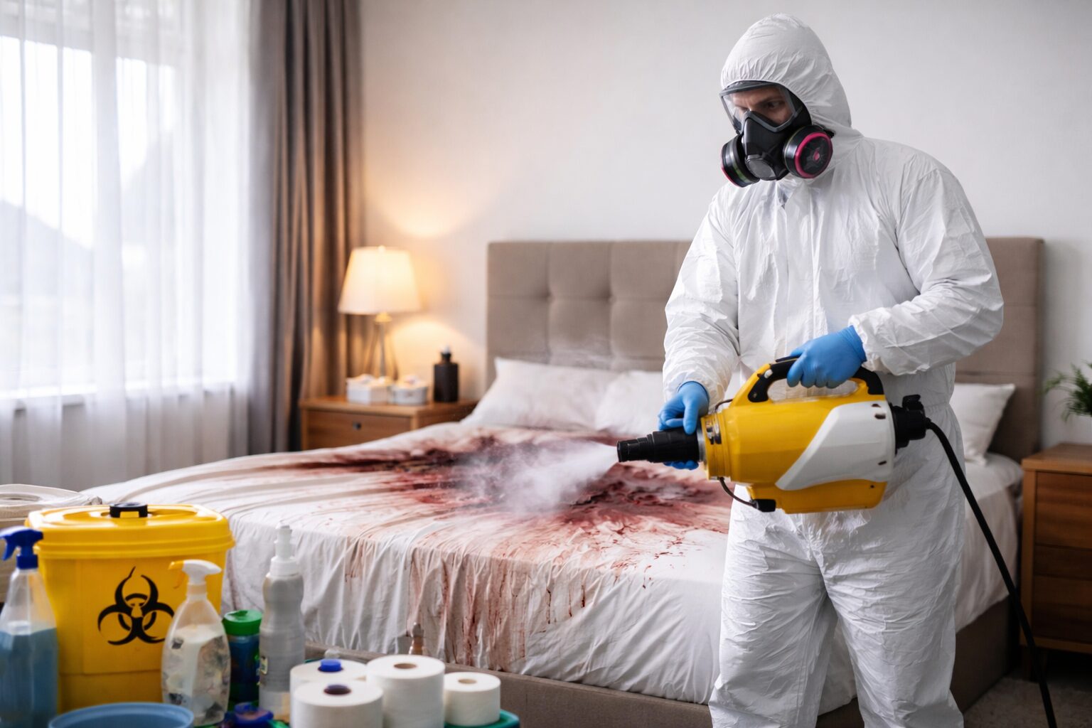 Technicien en combinaison de protection réalisant une désinfection complète d’une chambre après un décès naturel avec matériel professionnel
