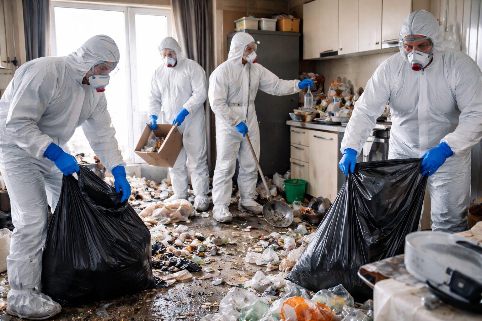 Professionnels en combinaison, masque FFP3, gants et surbottes évacuant des déchets lors d’une intervention Diogène dans une cuisine très encombrée