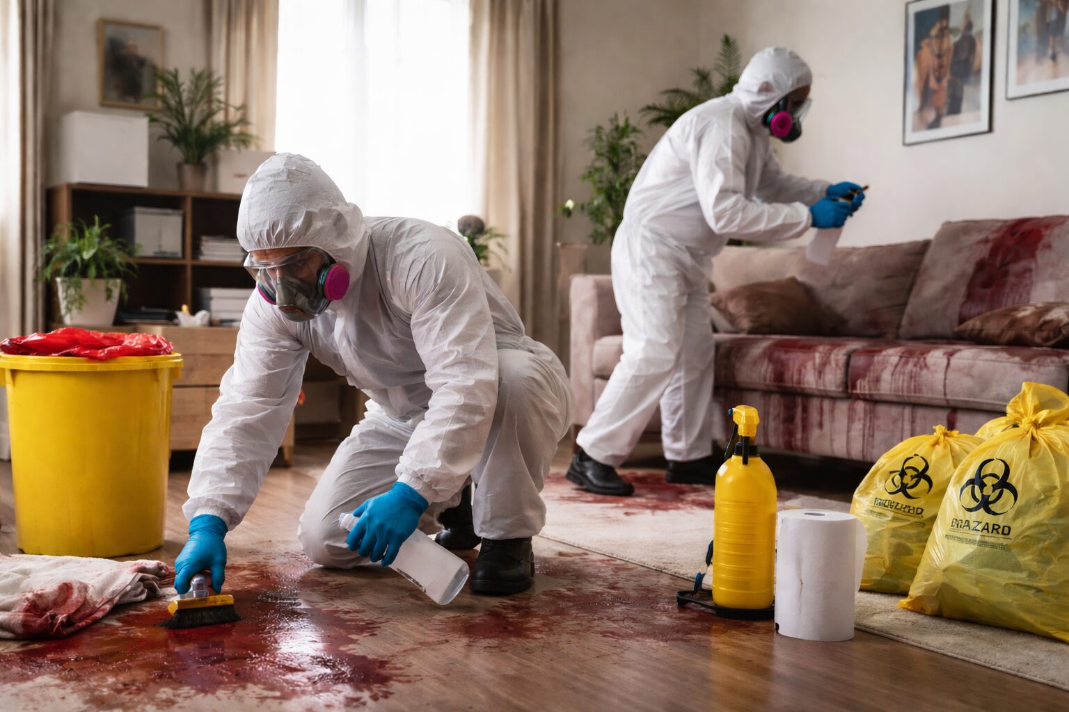 Deux techniciens en combinaison de protection effectuent un nettoyage et une désinfection dans un salon après décès, avec matériel de décontamination et sacs de déchets à risque.