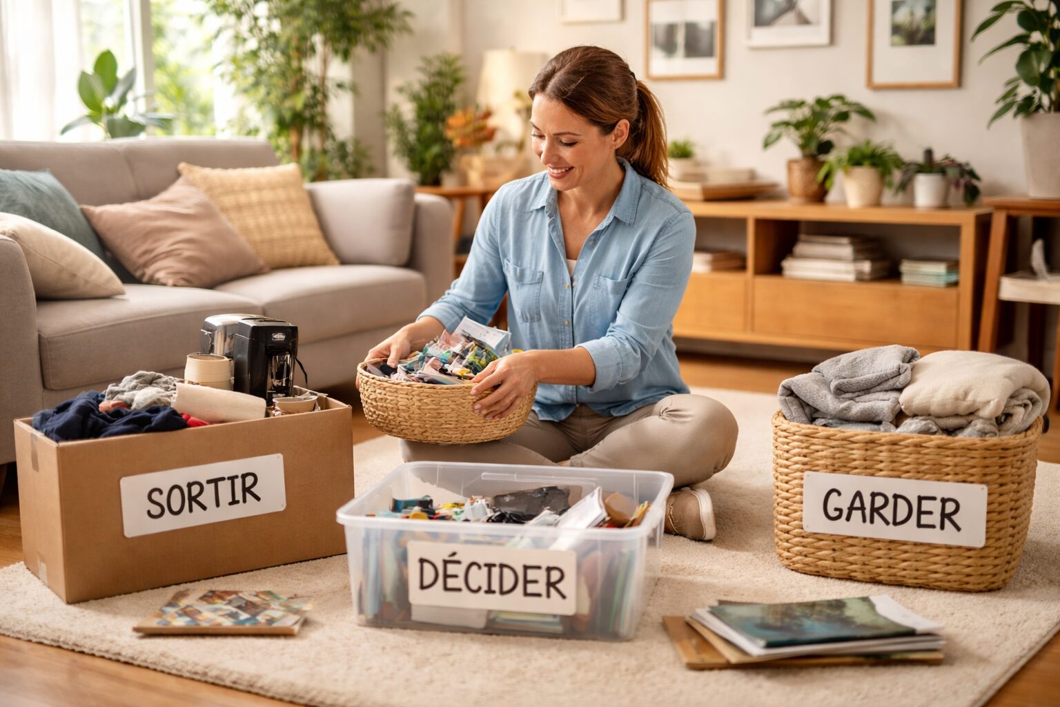Femme assise sur un tapis dans un salon lumineux, triant des objets dans des paniers et bacs étiquetés Sortir, Décider et Garder.
