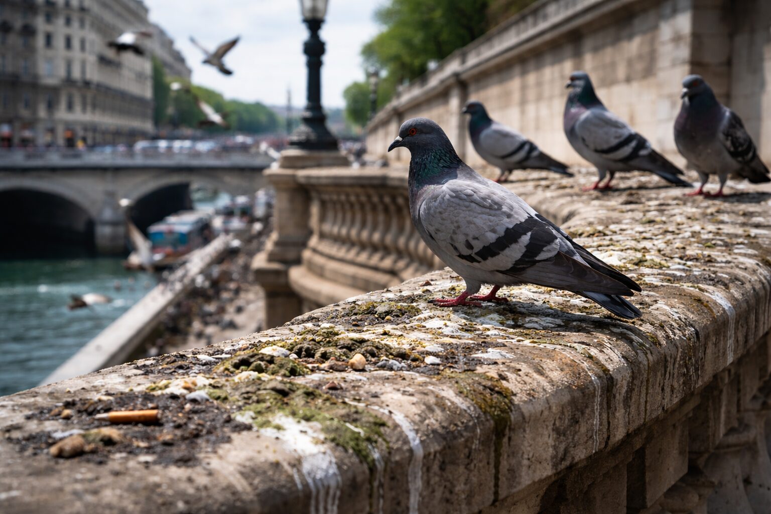 Un groupe de pigeons sur une balustrade en pierre dans une scène urbaine, avec des fientes et des déchets visibles. Un pont et des bâtiments en arrière-plan.