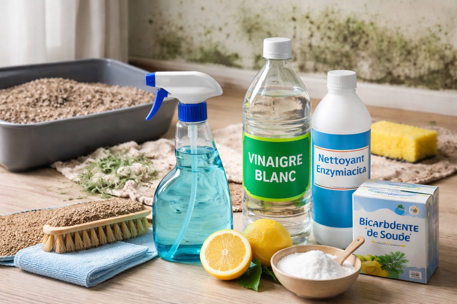 Produits de nettoyage sur un sol en bois (spray, vinaigre blanc, nettoyant enzymatique, bicarbonate et citron) avec une litière et un mur présentant des traces de moisissures en arrière-plan.