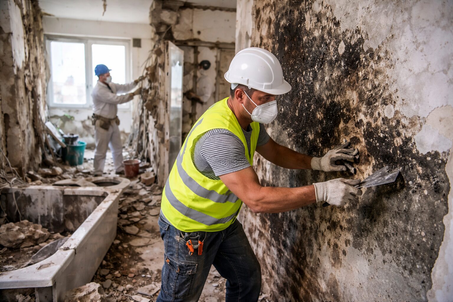 Ouvrier équipé d’un casque et d’un masque retirant des moisissures sur un mur dans un appartement en chantier, avec gravats et cloisons déposées en arrière-plan.