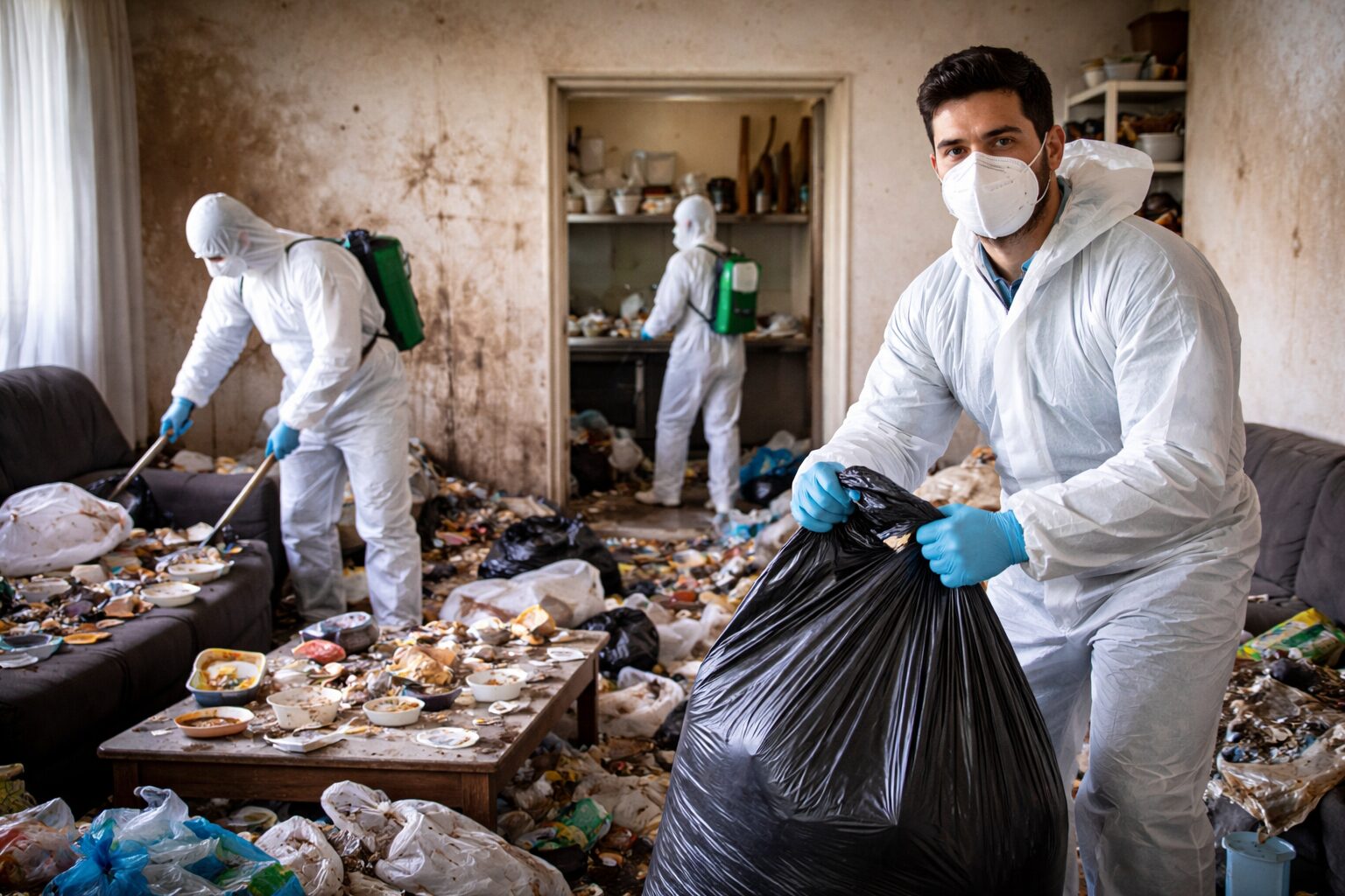 Professionnels en combinaison de protection nettoyant un appartement très encombré, avec sacs-poubelle et pulvérisateur de désinfection