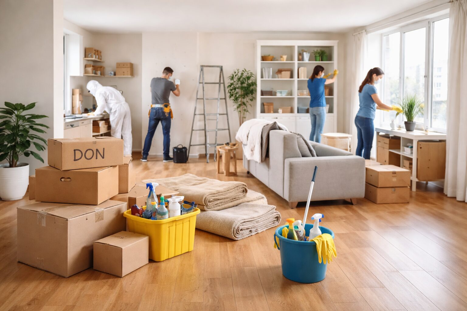 Un salon spacieux en pleine rénovation, avec des travailleurs s'occupant de la réparation des murs, du nettoyage des étagères et du rangement des objets, tout en utilisant des outils de nettoyage et de déménagement.