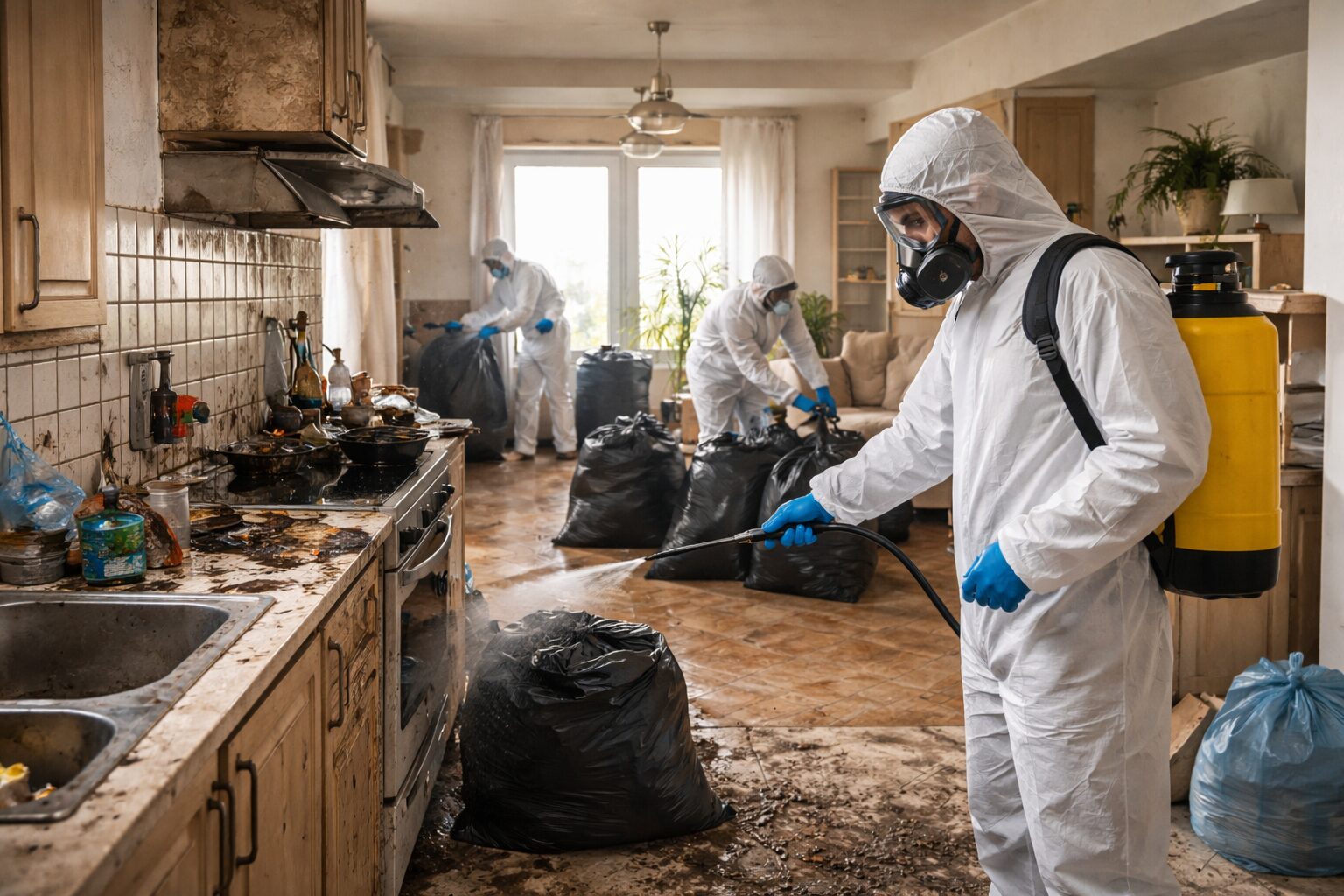 Équipe en combinaison de protection réalisant un nettoyage extrême et une désinfection dans une cuisine et un salon encombrés, avec sacs de déchets et pulvérisateur.