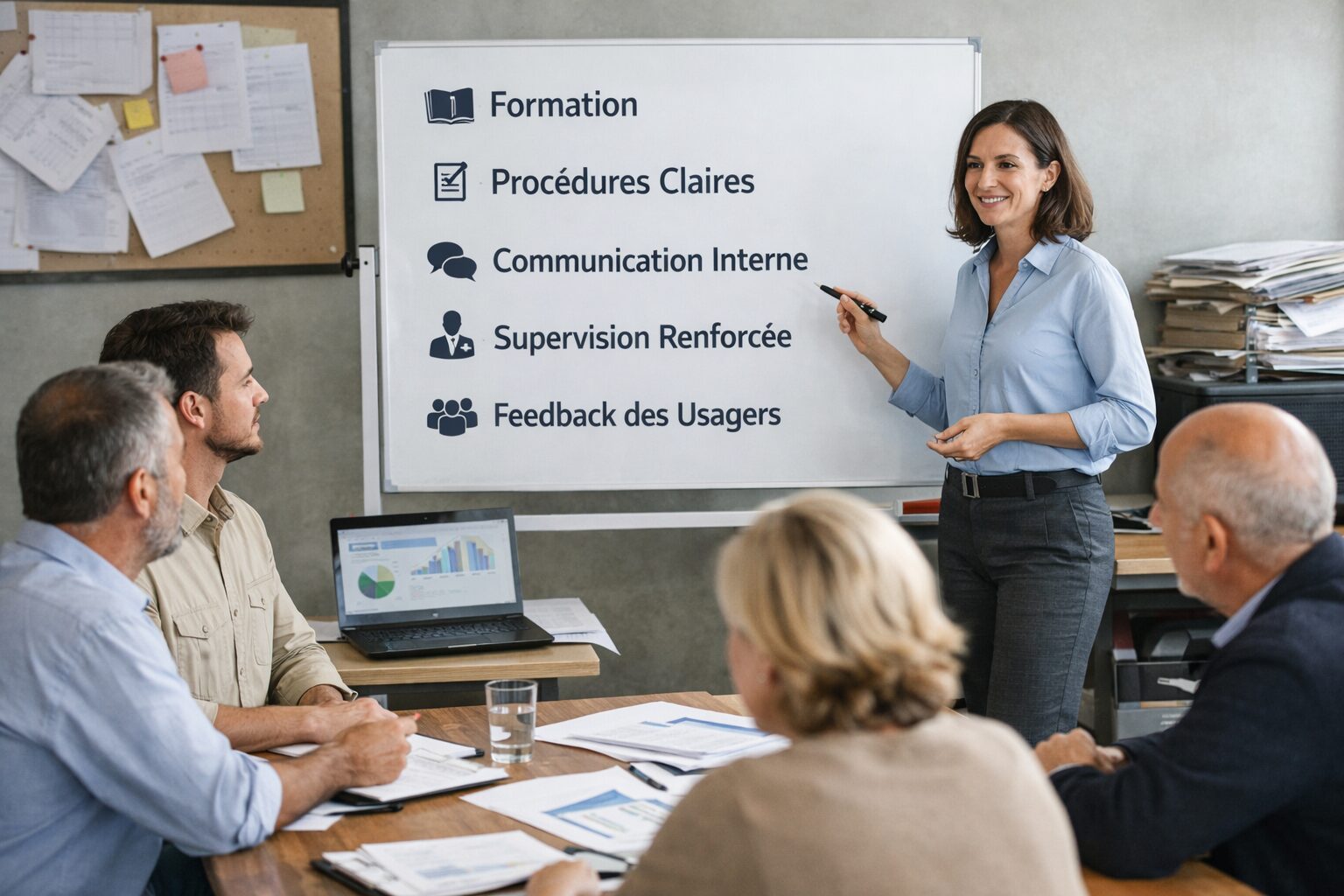 Cinq personnes participent à une réunion professionnelle sur l'amélioration des processus organisationnels, avec un tableau blanc présentant des actions concrètes.
