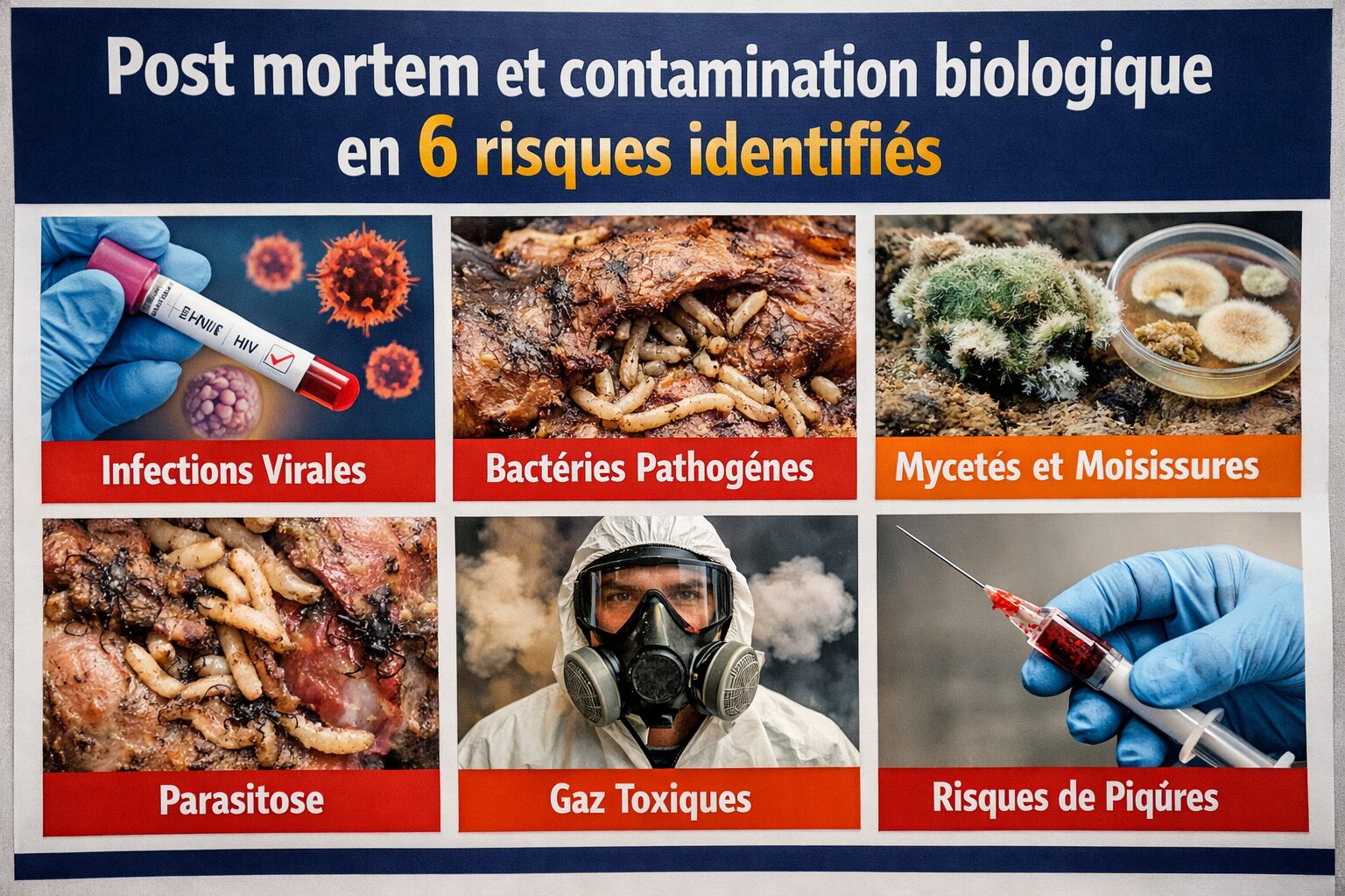 Affiche pédagogique en français présentant « Post mortem et contamination biologique en 6 risques identifiés » avec six vignettes illustrées : infections virales, bactéries pathogènes, mycètes et moisissures, parasitose, gaz toxiques et risques de piqûres.