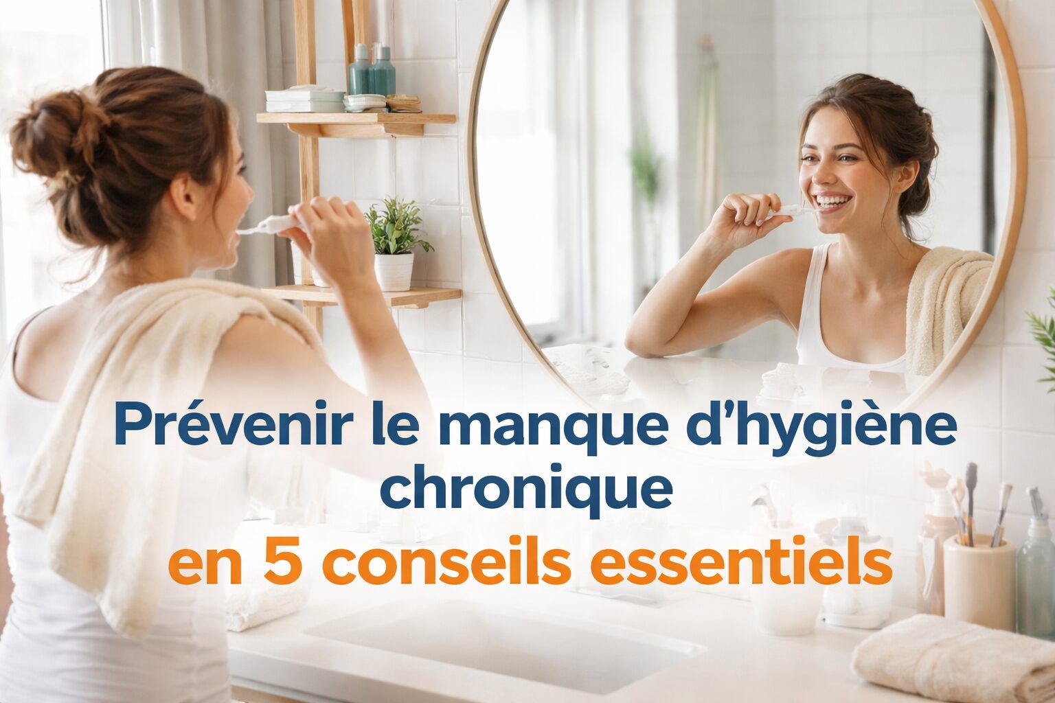 Femme se brossant les dents dans une salle de bain lumineuse, illustrant la prévention du manque d’hygiène chronique avec 5 conseils essentiels