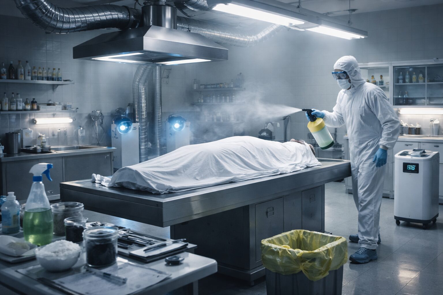 Un technicien médico-légal désinfecte une morgue avec un corps sur une table d'autopsie dans un environnement stérile et clinique.