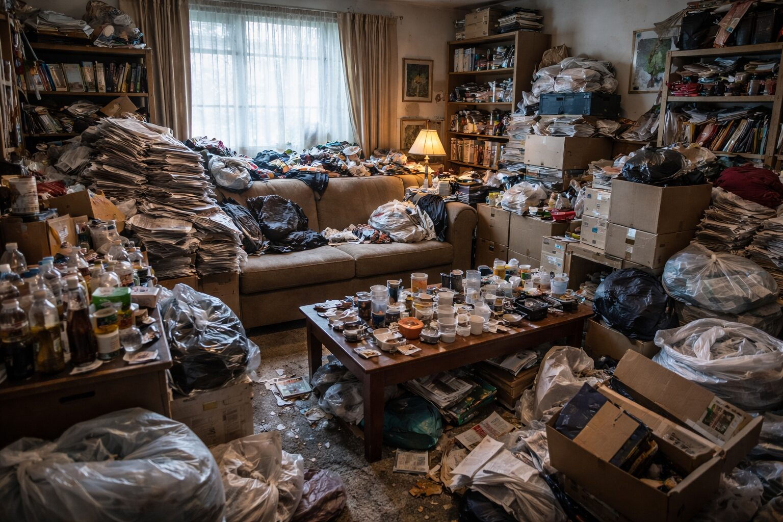 Un salon encombré, rempli de piles de journaux, de vêtements abandonnés et de cartons, illustrant les effets de la syllogomanie.