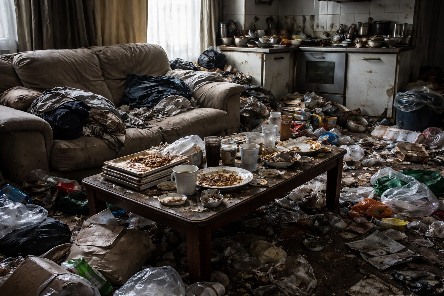 Salon et cuisine très encombrés avec déchets au sol, vaisselle sale et surfaces encrassées, montrant une négligence d’entretien durable.