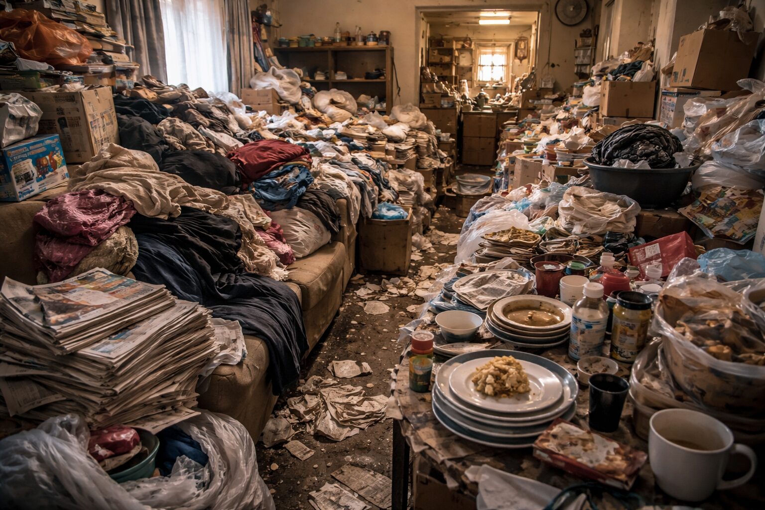 Salon fortement encombré illustrant une situation de syllogomanie sévère avec accumulation de vêtements, journaux, vaisselle et objets divers bloquant les espaces de circulation