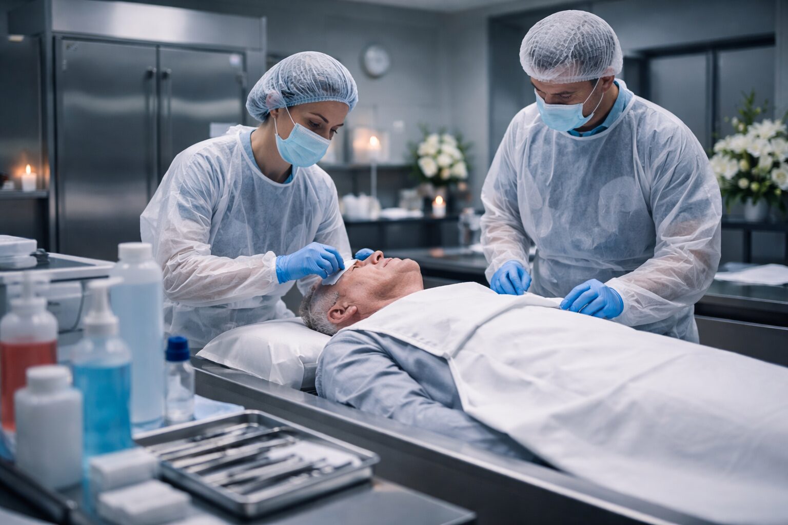 Professionnels funéraires réalisant des soins post mortem avec équipements de protection dans une chambre mortuaire sécurisée