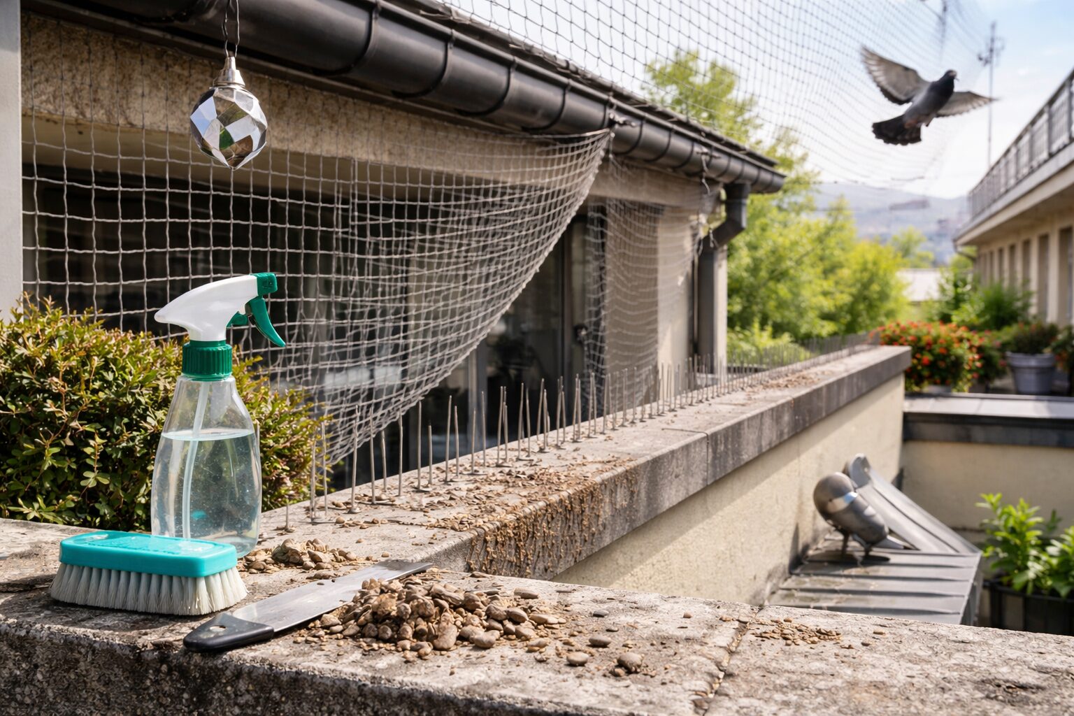 Balcon équipé de pics anti-pigeons, filet de protection et outils de nettoyage pour éliminer les fientes de pigeon