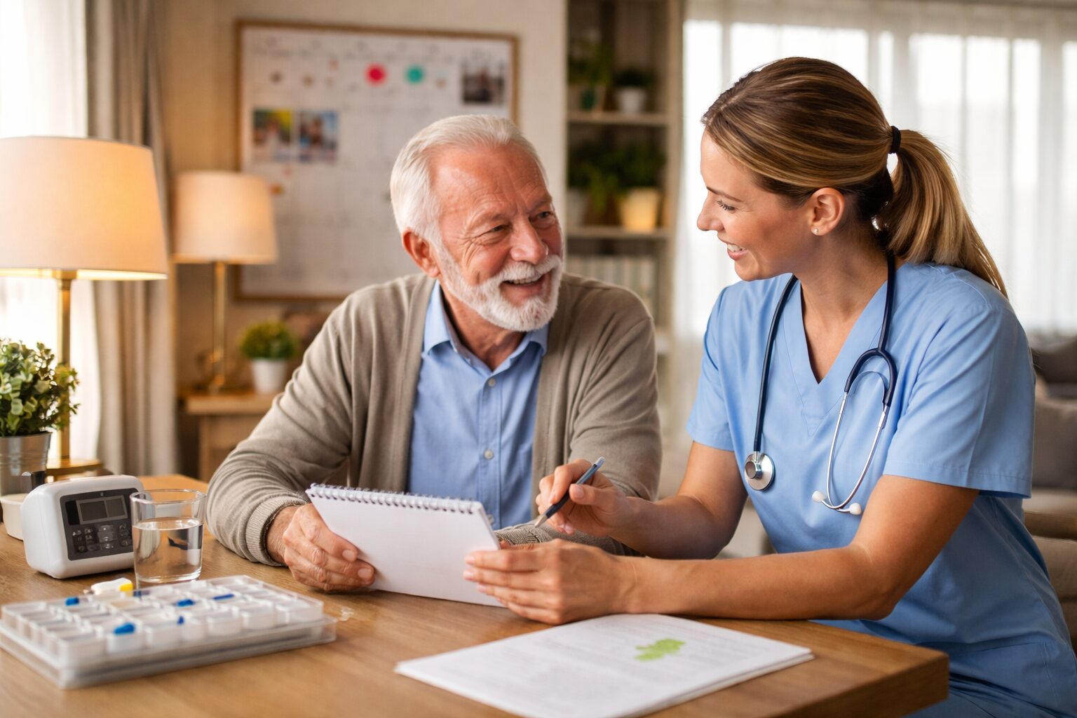 Soignante accompagnant une personne âgée avec Korsakoff à l’aide d’un carnet de repères et d’une routine au domicile
