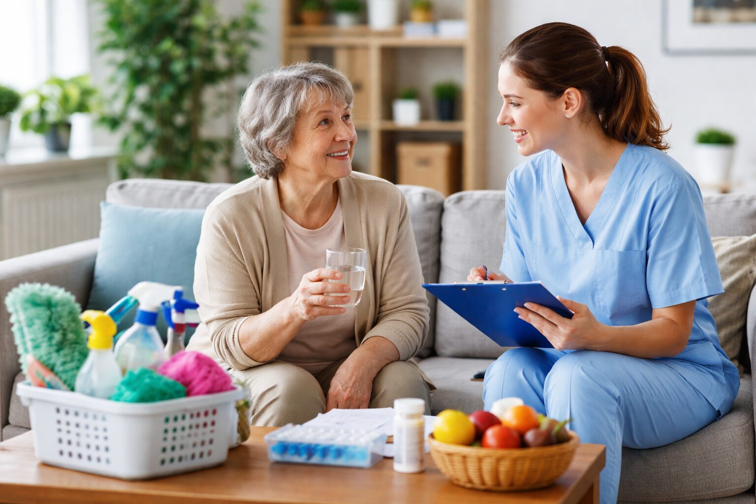 Auxiliaire de vie échange avec une personne âgée assise sur un canapé, avec produits de ménage, médicaments et fruits sur une table, dans un salon lumineux.