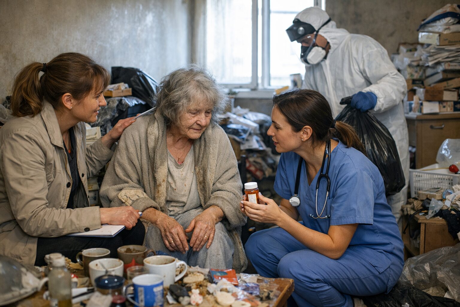 Équipe de professionnels aidant une femme âgée atteinte du syndrome de Diogène