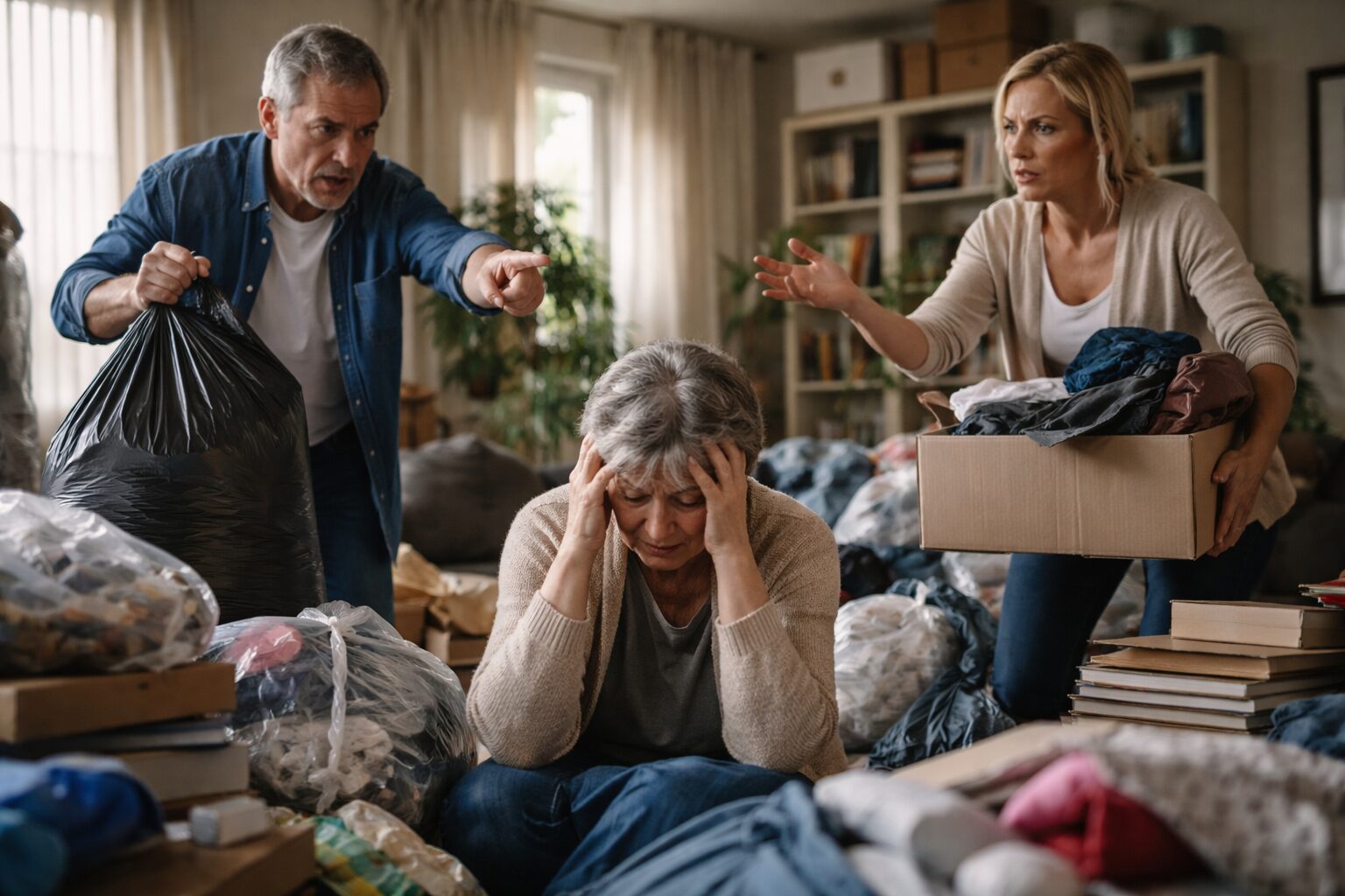 Une femme âgée assise au sol, visiblement en détresse, tandis que deux proches gesticulent avec un sac-poubelle et un carton au milieu d’un salon très encombré.