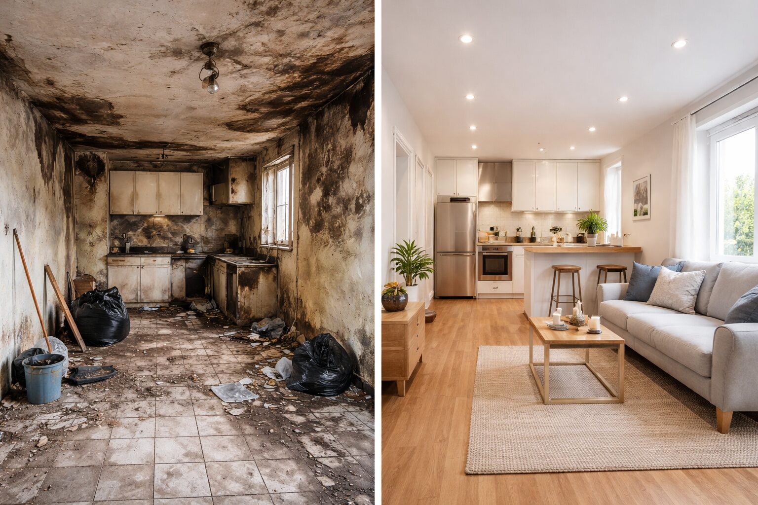 Photo comparative d'une cuisine insalubre avant et après les travaux de rénovation, montrant des moisissures et des débris d'un côté et un espace moderne et propre de l'autre.