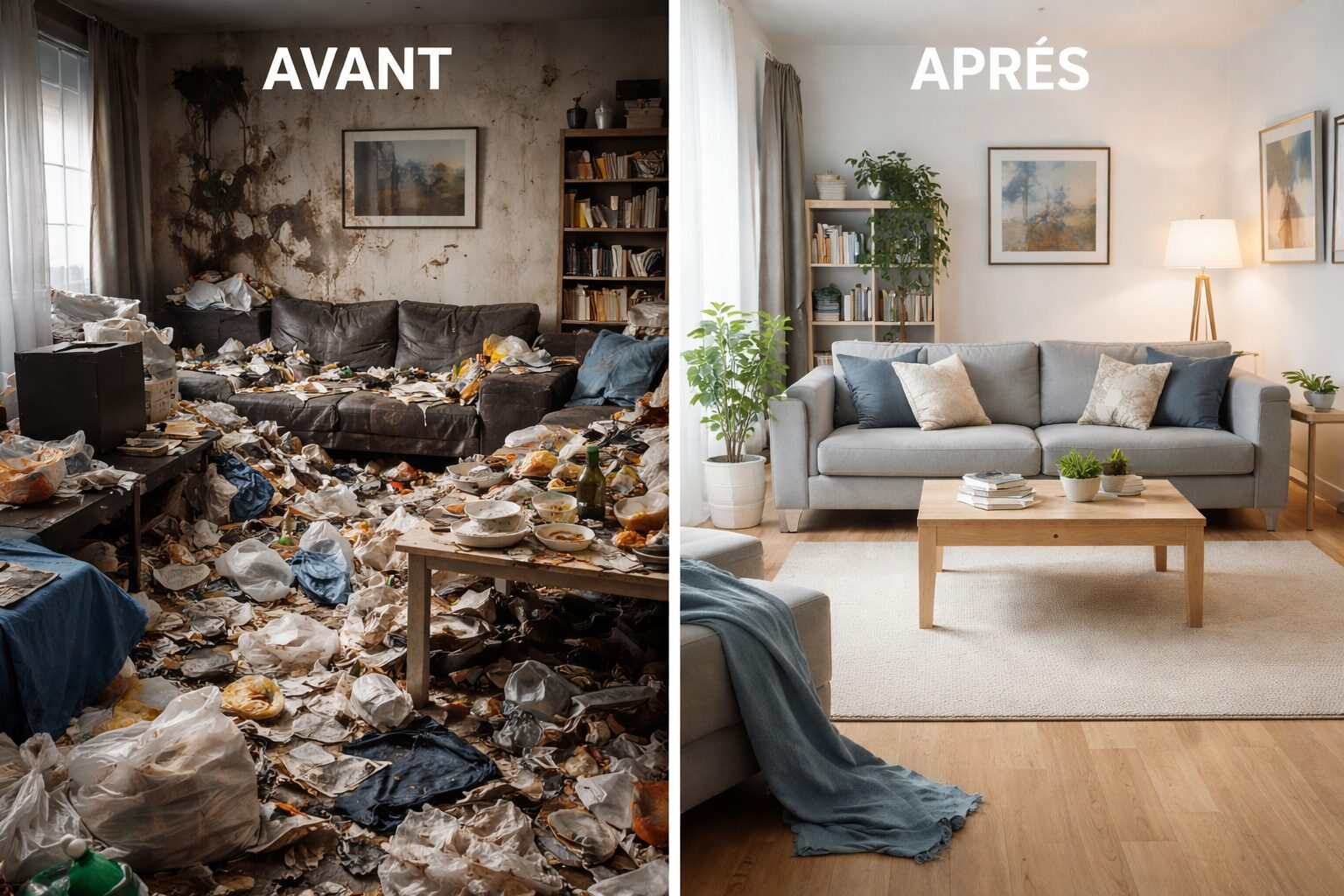 Avant-après du salon après un débarras complet du syndrome de Diogène, montrant l'encombrement et la saleté à gauche, et un espace propre et organisé à droite.