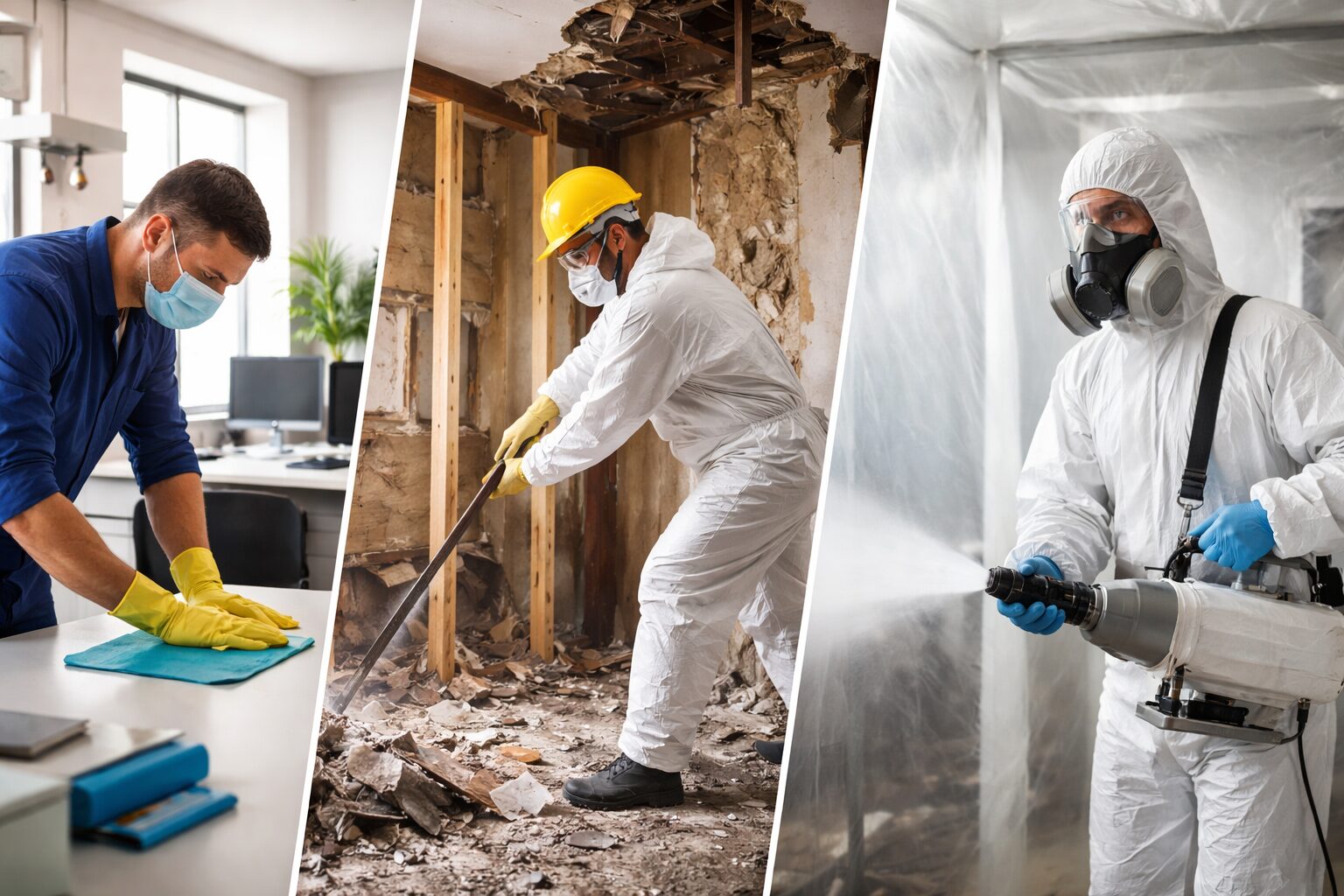 Trois professionnels équipés de protections réalisant successivement un nettoyage de surface, un curage complet d’un bâtiment endommagé et une opération de décontamination avec pulvérisateur